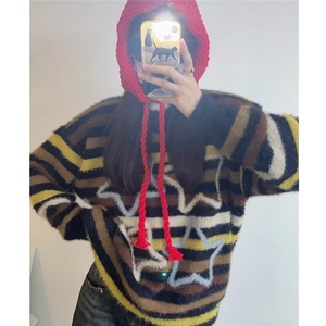 秋冬季流行洋气可爱彩色条纹套头毛衣女时尚甜美针织衫设计感上衣图片