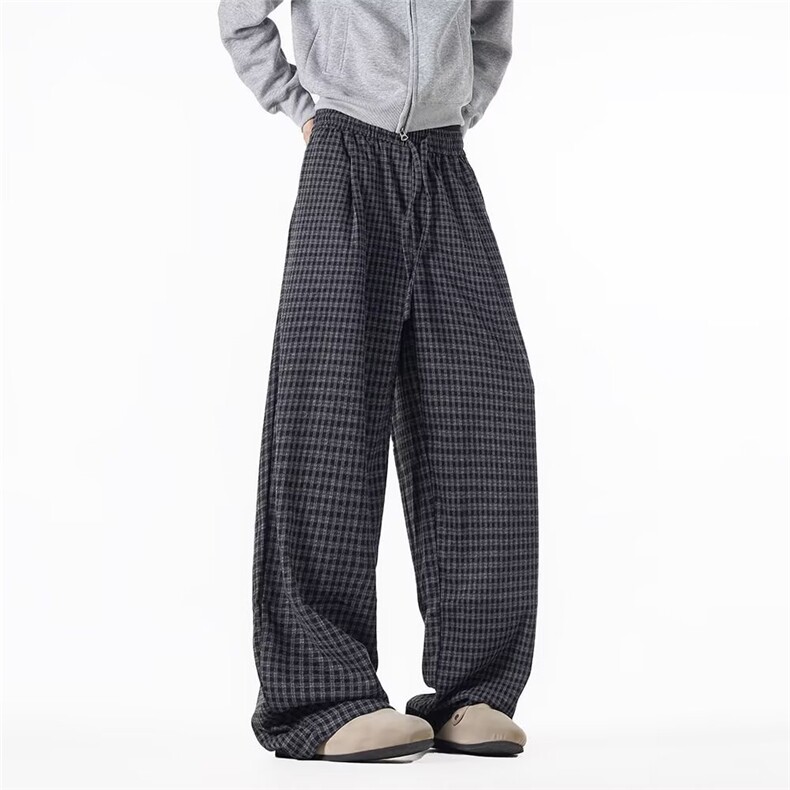 格子直筒垂感阔腿裤宽松拖地格纹运动长裤K103p45，女装休闲裤，电商D315A