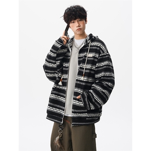 8XL-M 潮情侣美式磨毛编织条纹针织衫卫衣宽松拉链外套WY30P88图片