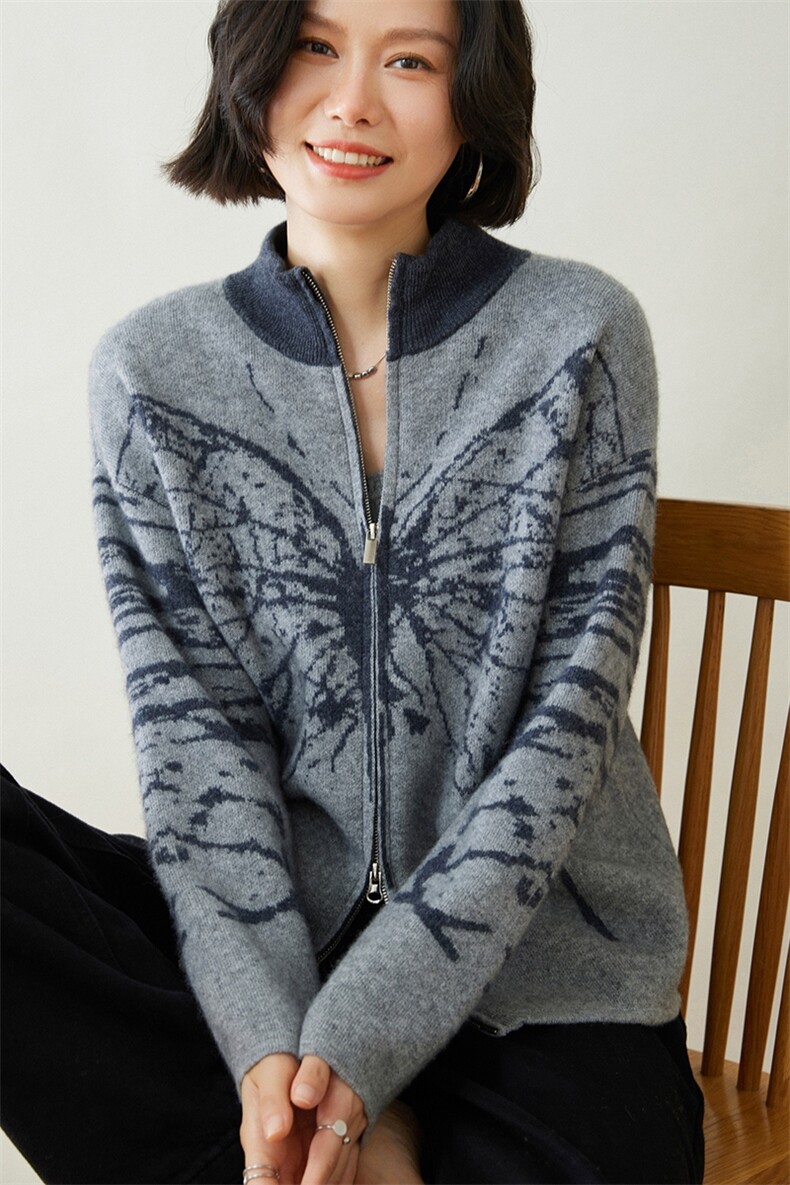 时尚优雅女士羊绒开衫艺术蝴蝶图案显瘦百搭外套,女装羊绒衫,迎冬羊绒
