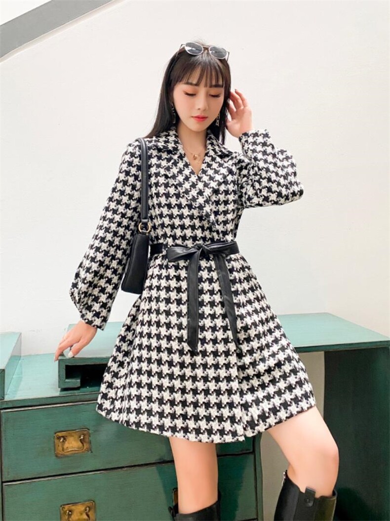 冬季新款千鸟格系腰带外套，其它，千禾木