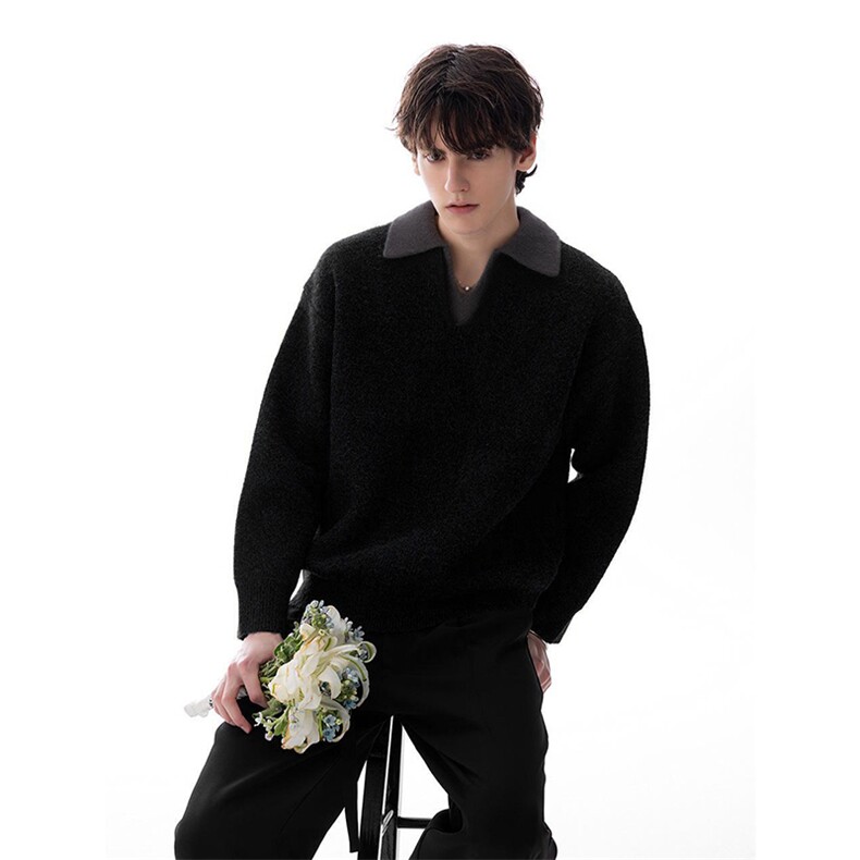 重磅北极绒假两件衬衫领毛衣美式高街复古休闲慵懒纯色翻领针织衫，男装针织衫/毛衣，电商A486-1