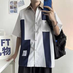 夏季条纹拼接短袖衬衫男潮牌宽松日系情侣装休闲衬衣 W7131-P34图片