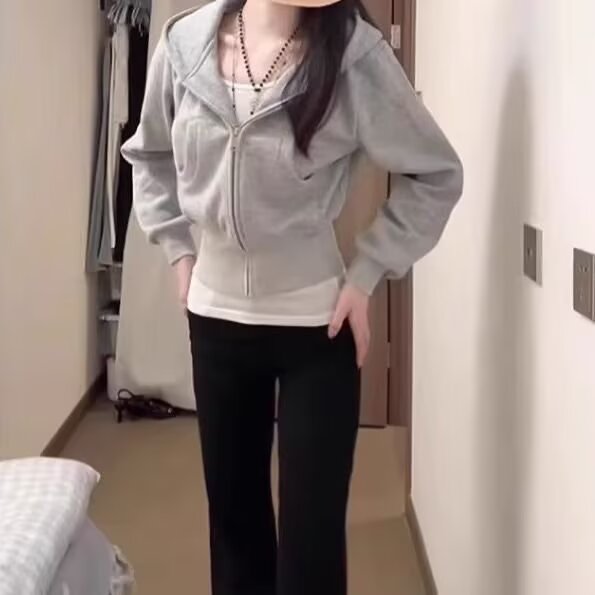 束腰灰色短款女连帽卫衣拉链外套小个子收腰款上衣春秋季开衫,男装Polo衫,星座1210-1