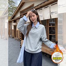 重磅加绒硬挺boxy男女美式高街假两件衬衫领长袖卫衣POLO领打底衫，男装T恤，电商A486