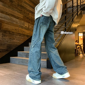 褶皱工装牛仔裤男生夏季设计感水洗做旧潮牌大码宽松直筒阔腿长裤图片