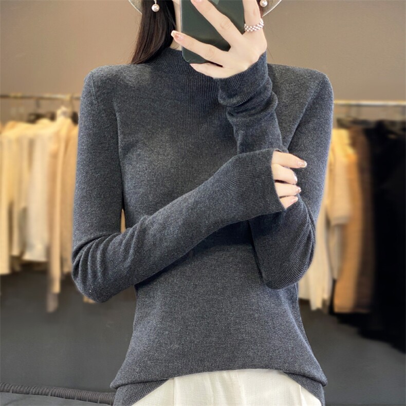 春秋新款半高领超细精纺羊毛衫女坑条纯色长袖针织毛衣宽松打底衫,针织衫/毛衣,东远绒业