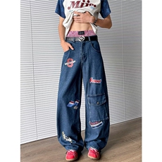刺绣弯刀牛仔裤男女2025春季新款宽松bf美式街头拖地长裤，男装牛仔裤，星座813-2
