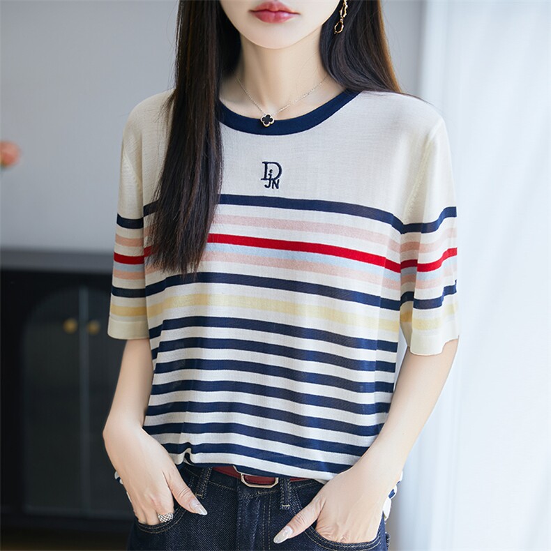 拼色圆领100%莱赛尔天丝针织短袖T恤女刺绣字母半袖宽松打底上衣,针织衫/毛衣,郡淞羊绒
