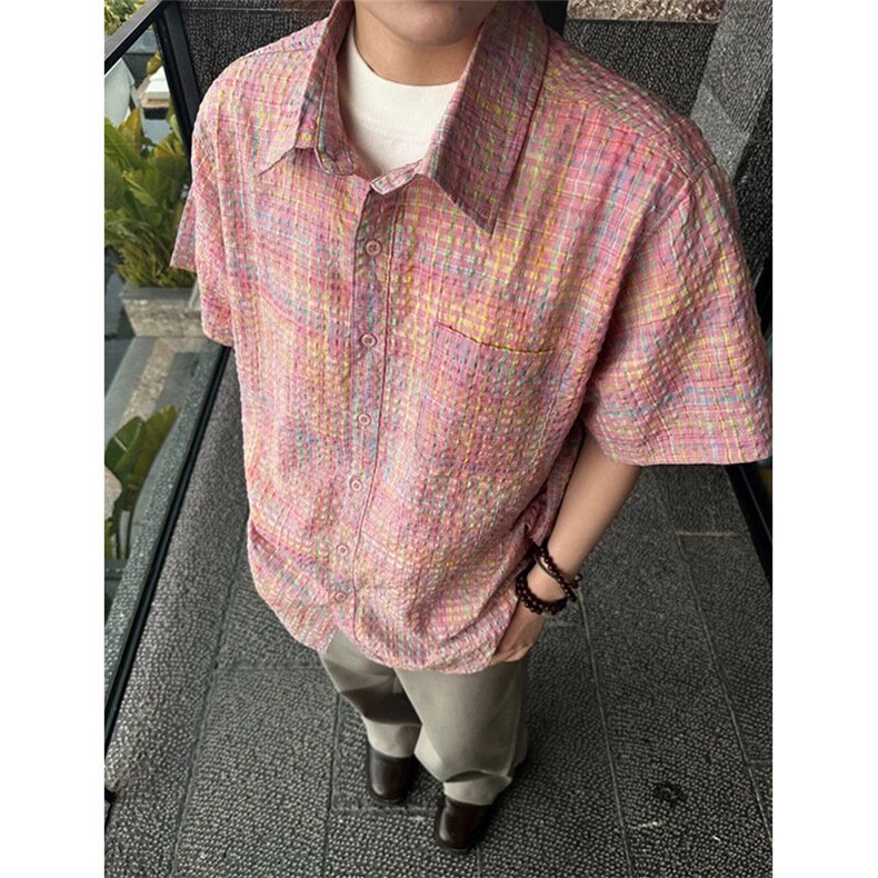 【网图现货】美式宽松泡泡纱色织冰爽透气短袖衬衫C36/P40,男装衬衫,星座205-3