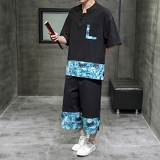2021夏新拼接亚麻休闲大码boy口袋装饰黑洞风短袖套装TZ003-P70，男装套装，电商A082