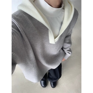 连帽v领针织衫外套男秋冬款高级感痞帅cleanfit慵懒风毛衣M5306,皮革元素毛衣搭配图片
