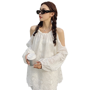 夏季别致珍珠领露肩设计韩版圆领上衣随性慵懒洋气百搭短裤套装图片