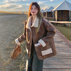 皮毛一体冬天外套女2024新款厚羊羔毛小个子机车复古翻领短款棉服，女装棉衣/棉服，2C305