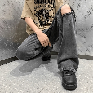 夏季垂感烟灰色做旧牛仔裤男直筒宽松港风阔腿拖地裤子男ins潮流图片