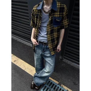 CS29-P45 现货男女格子短袖衬衫外套休闲黄色格子衬衣图片