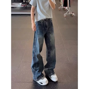 美式复古蓝做旧微喇牛仔裤男女2026新款显瘦显高百搭直筒裤图片
