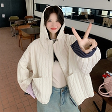 米白色条纹连帽棉服女2025年冬季新款韩版小个子宽松休闲棉衣外套，女装短外套，2C129
