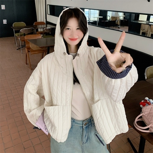 米白色条纹连帽棉服女2025年冬季新款韩版小个子宽松休闲棉衣外套图片