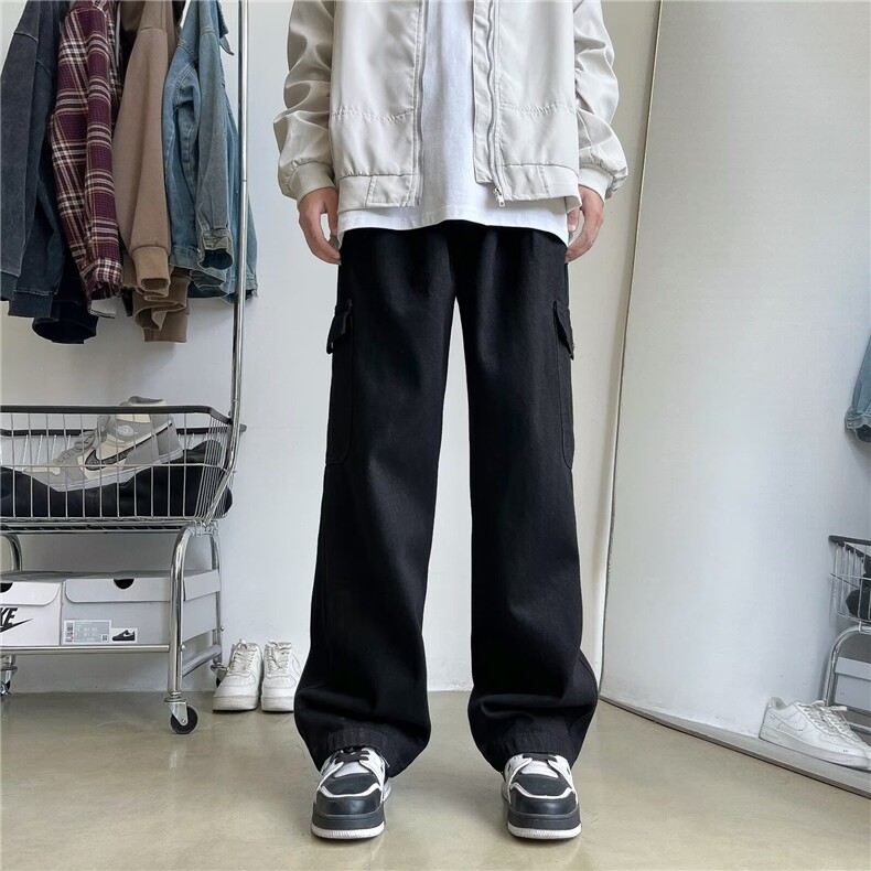 纯色工装裤男时尚潮牌简约宽松直筒百搭大口袋休闲长裤子HR31/P50，男装工装外套，星座506