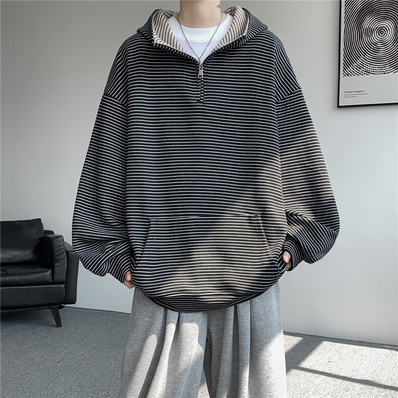 重磅绒感半拉链高领卫衣大码条纹撞色上衣美式连帽外套LW606特P58，女装短外套，电商B215
