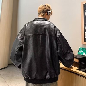 黑灰色皮衣外套男款春秋季美式机车短款夹克痞帅高级感翻领棒球服图片