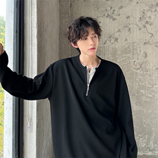 高质量高街男款双层拉链深V领纯长袖T男A071-T51-P58，男装T恤，电商A071