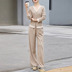 时尚修身显瘦假两件套装女2024春装长袖T恤+高腰阔腿长裤两件套，女装套装/套裙，江南女神