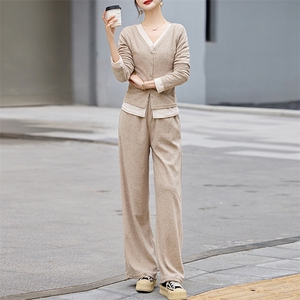 时尚修身显瘦假两件套装女2024春装长袖T恤+高腰阔腿长裤两件套图片