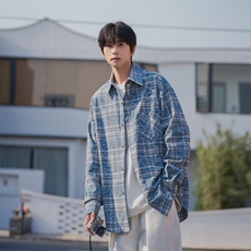2025新款树纹水洗复古宽松长袖格子衬衫休闲上衣DX802P50控79，男装衬衫，电商B413-1