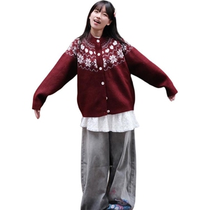 重磅秋冬装北极绒开衫毛衣美式复古休闲圣诞慵懒风提花针织衫外套图片