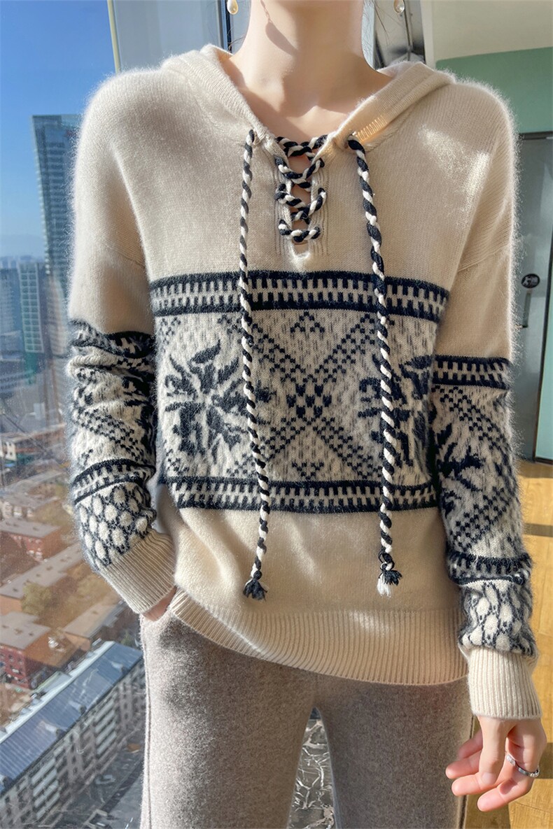 时尚新款连帽抽绳羊毛衫女宽松显瘦长袖毛衣冬季保暖针织衫,女装羊毛衫,宇灿羊绒