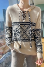 时尚新款连帽抽绳羊毛衫女宽松显瘦长袖毛衣冬季保暖针织衫，女装羊毛衫，宇灿羊绒