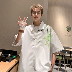 2026夏装潮男新中式印花盘扣短袖五分袖衬衫CS780/特P35白色3，男装衬衫，电商A094
