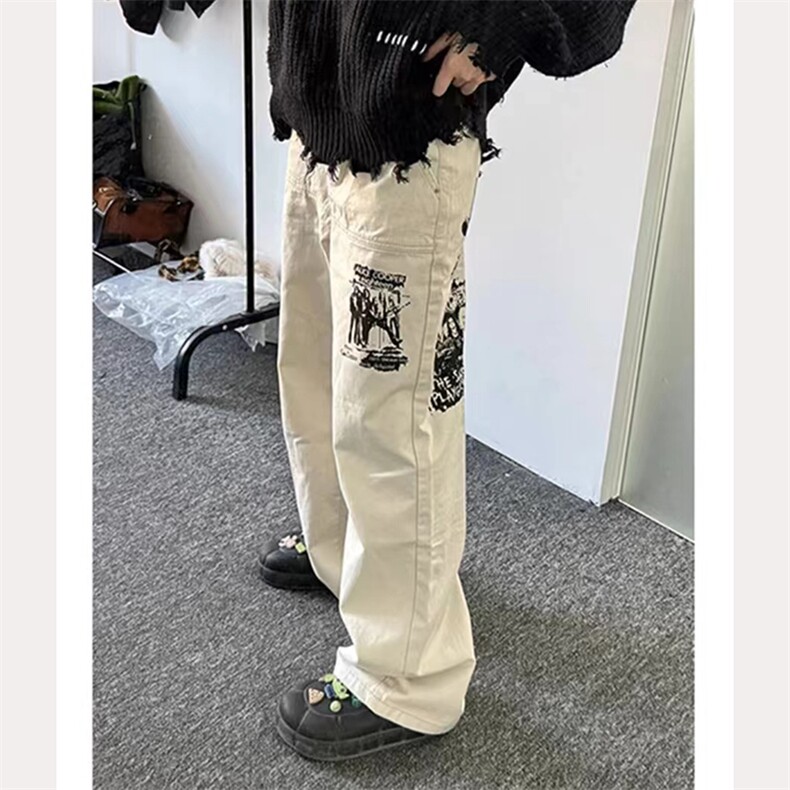 美式高街风裤子男欧美痞帅涂鸦印花直筒休闲裤高级感阔腿长裤,男装休闲裤,星座506A