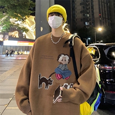 港风新款秋季时尚百搭宽松卡通印花套头毛衣TPM6841P40控68，男装针织衫/毛衣，电商A268A
