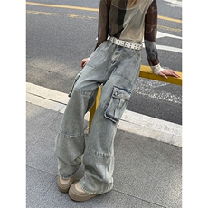 新款高街ins风运动裤潮牌设计感牛仔裤休闲宽松裤子K590TP60控89，男装牛仔裤，电商A102B