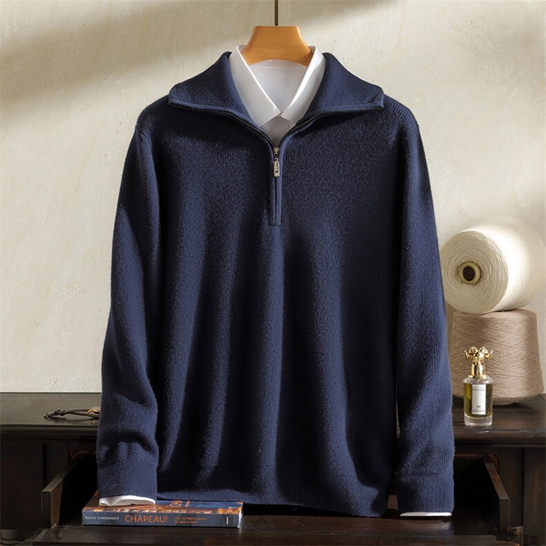 翻领拉链纯色羊绒衫男式针织衫春秋季新款中青年男士长袖毛衣男装，男装羊绒套衫，澳坤羊绒