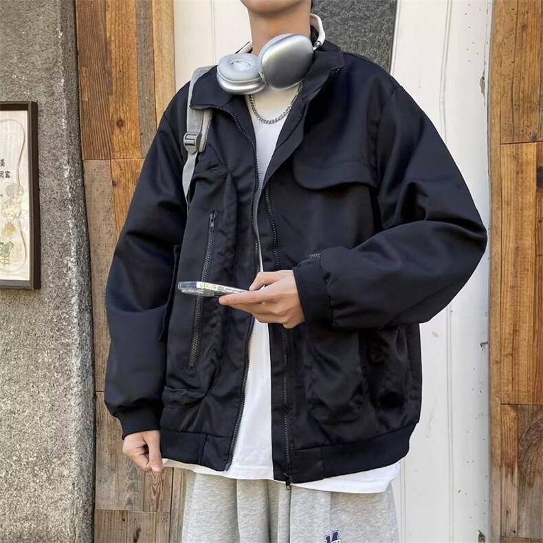 囯潮2023春新款工装外套男黑色炸街痞帅潮冲锋衣立领夹克ZW17P75,男装夹克,星座1116-2