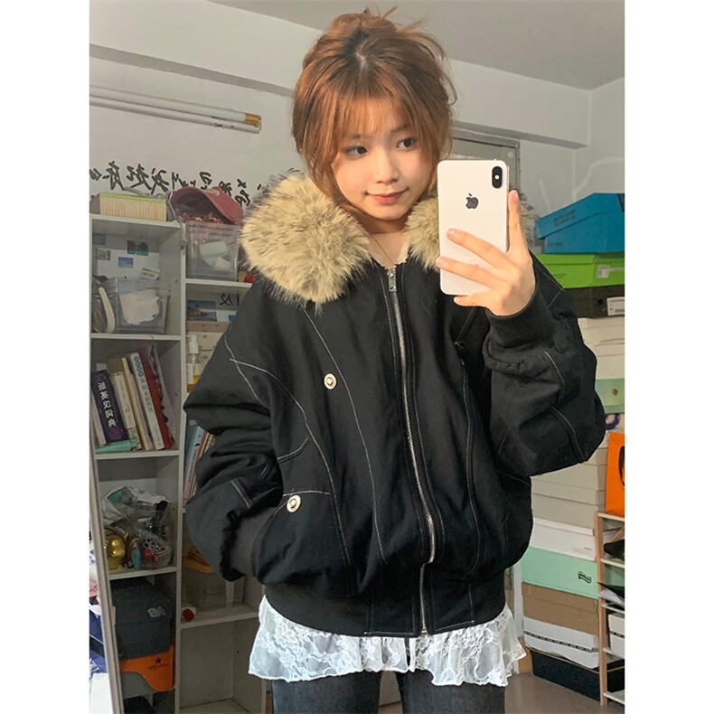 现货重磅boxy短款棉衣座山雕大毛毛领男女棉服水洗工装厚外套,男装棉衣,电商A486