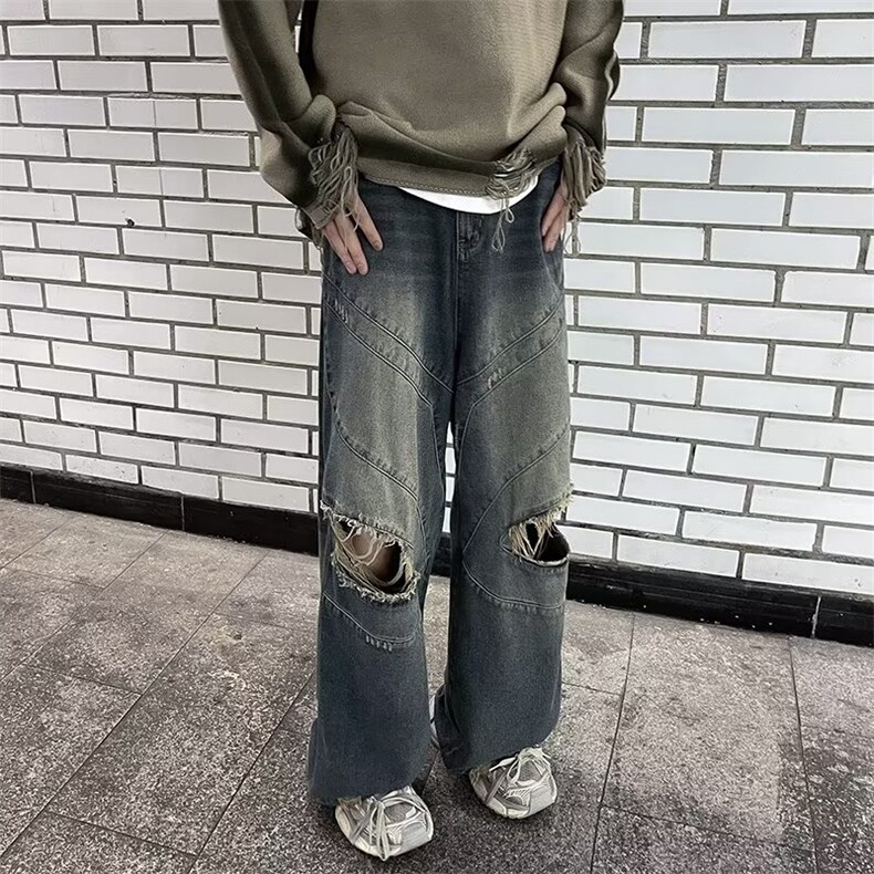 美式复古水洗设计感破洞牛仔裤男秋季直筒NK826P50,男装牛仔裤,星座1116-2