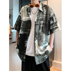 WE1663-P34水墨画短袖衬衫男夏季冰丝垂感薄款宽松痞帅沙滩，男装T恤，电商B323A
