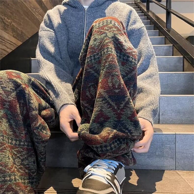 潮复古提花针织休闲卫裤2024秋民族风宽松显瘦拖地阔腿裤C3101，男装休闲裤，星座506