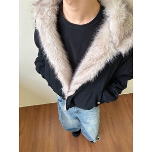 现货高品质美式高街冬季重磅硬挺短款座山雕毛领棉衣男女加厚外套图片