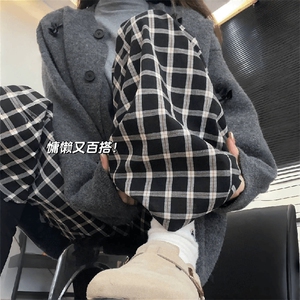 美式高街潮牌男女泡泡格子休闲裤直筒宽松慵懒显瘦阔腿休闲长裤子图片