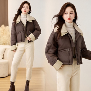 小个子短款羽绒服女2025冬季新款韩版洋气pu皮针织翻领白鸭绒外套