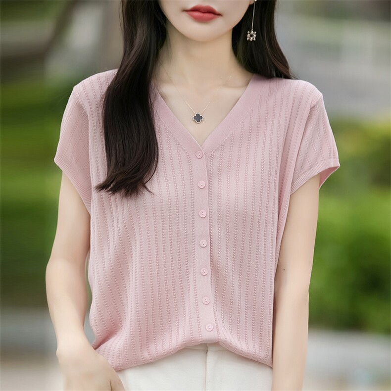 夏季V领镂空天丝短袖T恤针织气质开衫女宽松显瘦连肩小飞袖防晒衫,针织衫/毛衣,佳绒包芯纱店