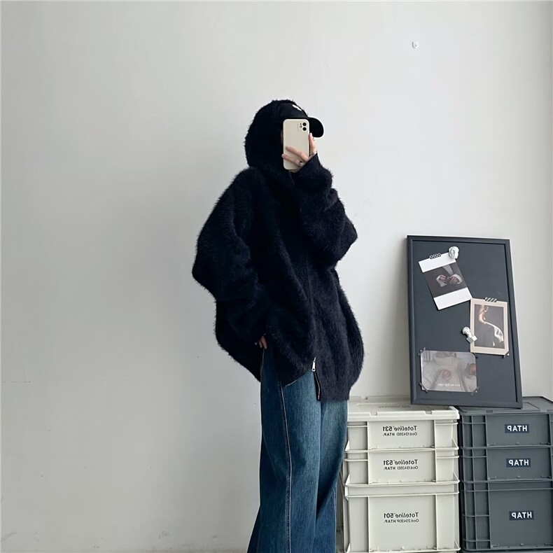 濮院针织衫水貂绒毛衣外套开衫慵懒风连帽针织马海毛上衣LF489P65,男装针织衫/毛衣,电商D256-2(原A064-2)