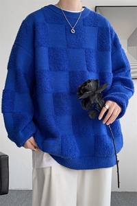 8XL-M特大码美式街头设计感毛巾绣格子毛衣男女情侣MY1204P50控68图片