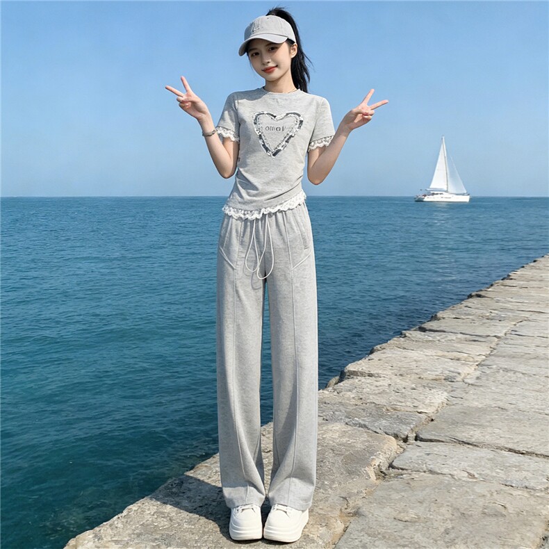 个性潮流时尚套装女夏季新款钉珠蕾丝花边设计短袖阔腿长裤两件套,女装套装/套裙,江南